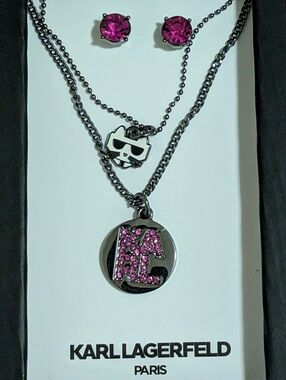 NEW IN BOX•Karl Lagerfeld 3pc Set• Logo Double Strand Necklace & Stud Earrings💗